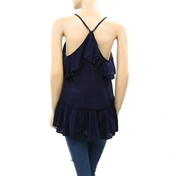 Free People Navy Racerback Tank Top Beaded and Ruffled Small - Picture 4 of 8